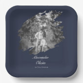 Modern Brushstroke Photo Wedding | Navy Blue Papieren Bordje (Voorkant)