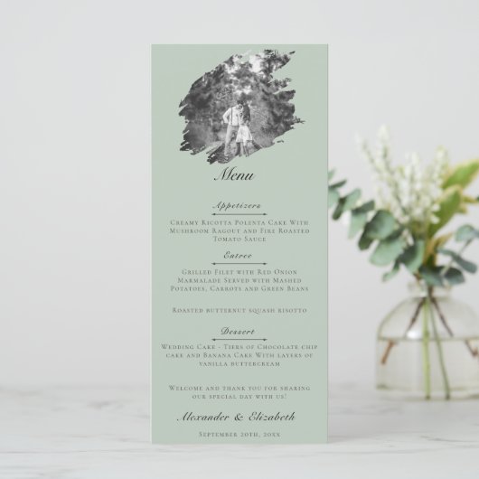 Modern Brushstroke Photo Wedding | Sage Green Menu (Staand voorkant)