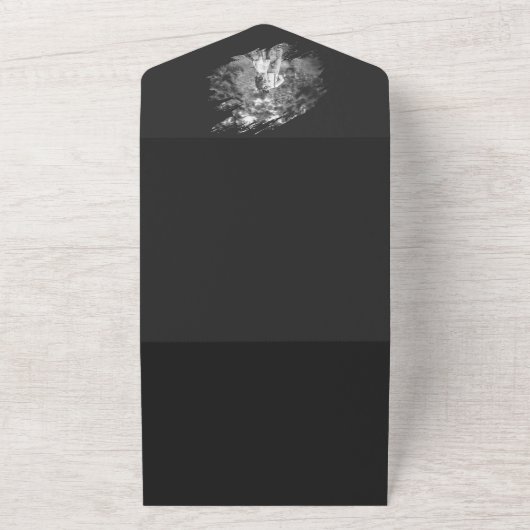 Modern Brushstroke Photo Wedding | Soft Black All In One Uitnodiging (Buitenkant)