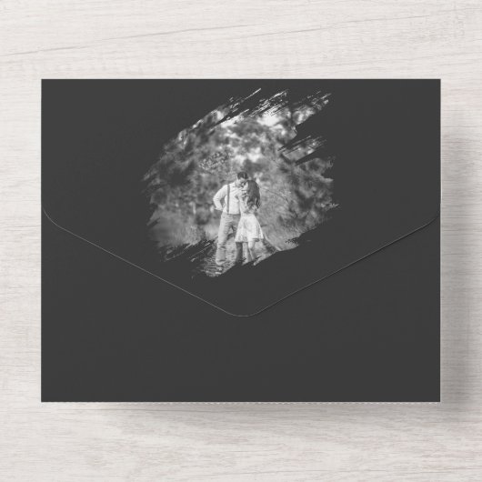 Modern Brushstroke Photo Wedding | Soft Black All In One Uitnodiging (Achterkant)