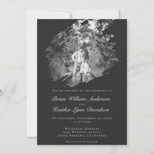 Modern Brushstroke Photo Wedding | Soft Black Kaart (Voorkant)