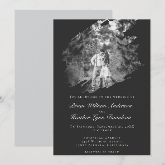 Modern Brushstroke Photo Wedding | Soft Black Kaart (Voorkant / Achterkant)