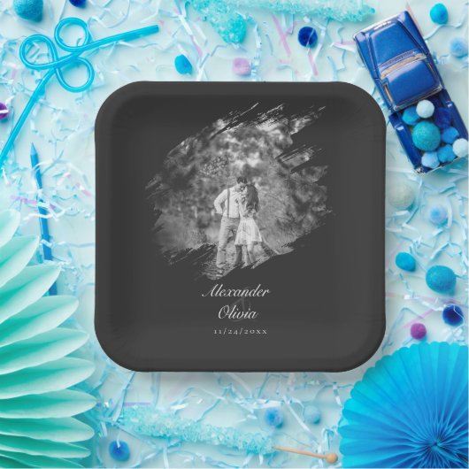 Modern Brushstroke Photo Wedding | Soft Black Papieren Bordje (Feest)