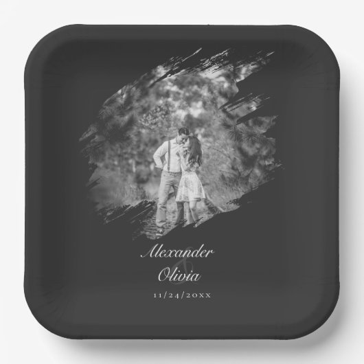 Modern Brushstroke Photo Wedding | Soft Black Papieren Bordje (Voorkant)