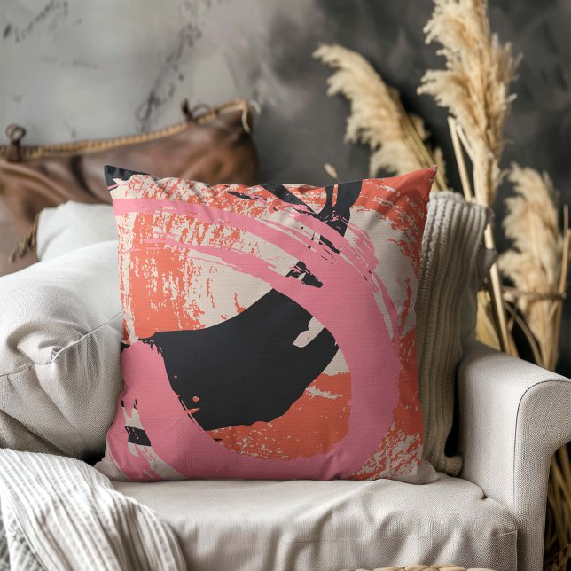 Modern Brushstrokes - Pink, Peach & Black on Beige Kussen (Creator heeft geüpload)