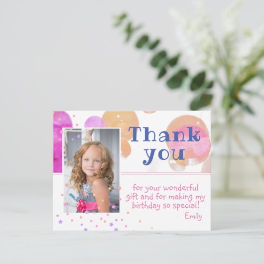 Modern Bubbles Girly Foto Birthday Dank je Briefkaart (Staand voorkant)