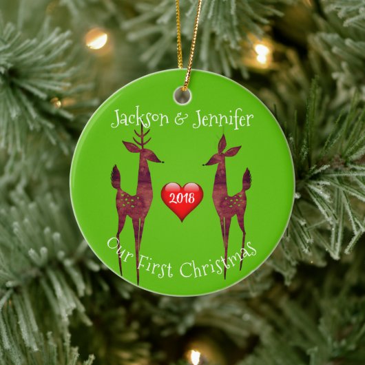 Modern Buck en Doe ons eerste kerstfeest Keramisch Ornament (Boom)