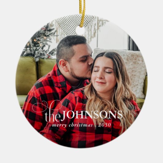 Modern Budget Plaid 1 Fotoscript Kerstmis Keramisch Ornament (Voorkant)