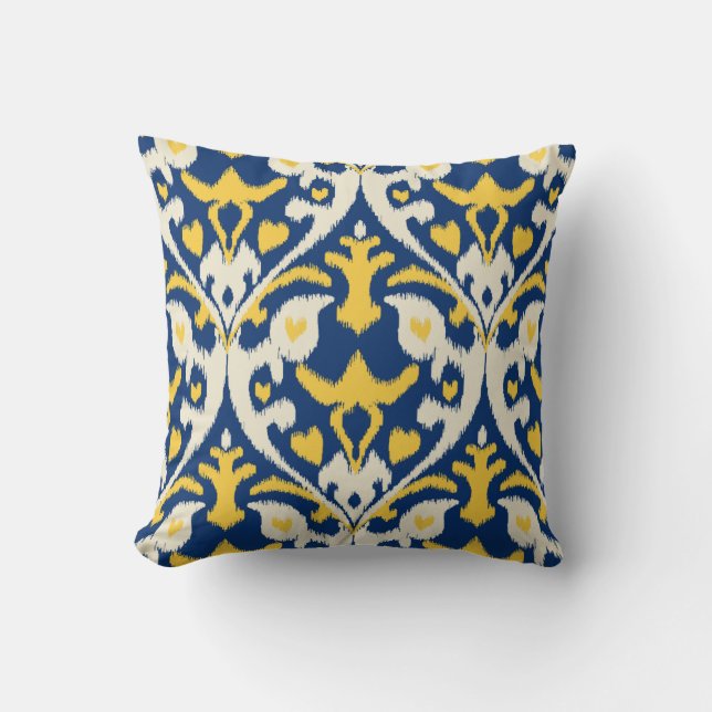 Modern buff yellow blue ikat tribal patroon kussen (Voorkant)