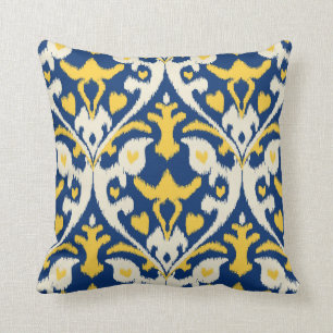 Modern buff yellow blue ikat tribal patroon kussen