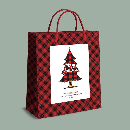 Modern buffalo plaid Christmas gift bag editable Medium Cadeauzakje