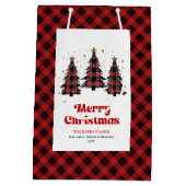 Modern buffalo plaid Christmas tree gift bag name Medium Cadeauzakje (Achterkant)