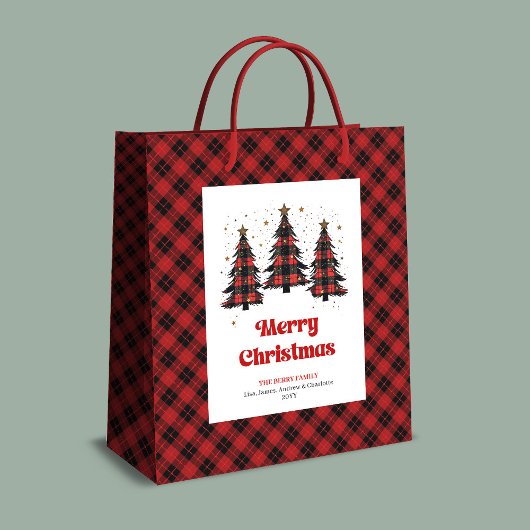 Modern buffalo plaid Christmas tree gift bag name Medium Cadeauzakje