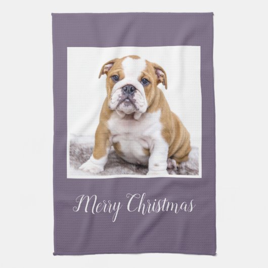 Modern Bulldog Dog Merry Kerstfeestay Foto K Theedoek (Verticaal)