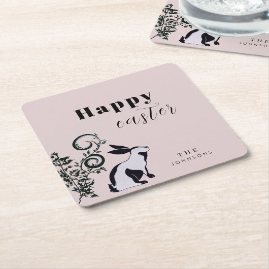 Modern Bunny Happy Easter gepersonaliseerd Kartonnen Onderzetters (Schuin)