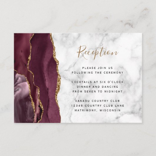 Modern Burgund Gold Agate Marble Wedding Reception Informatiekaartje (Voorkant)