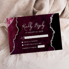 Modern Burgundy Agate Silver Script Wedding RSVP Kaartje