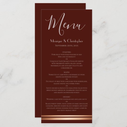 Modern Burgundy and Copper Wedding Menu (Voorkant / Achterkant)