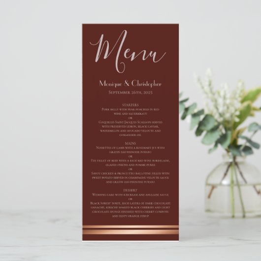 Modern Burgundy and Copper Wedding Menu (Staand voorkant)