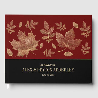 Modern Burgundy Black Autumn Leaves Wedding Gastenboek