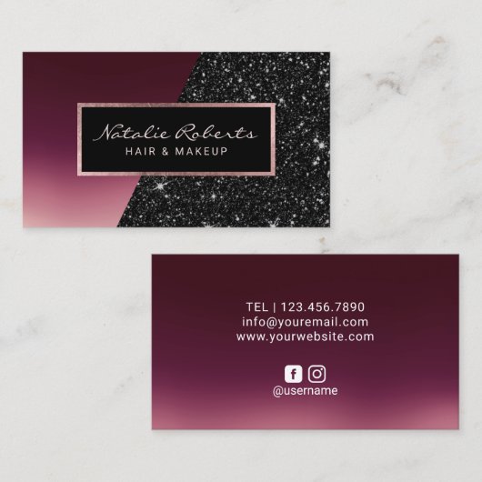 Modern Burgundy Black Glitter Beauty Salon Spa Visitekaartje (Voorkant / Achterkant)