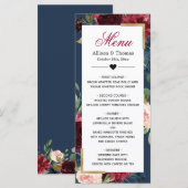 Modern  Burgundy Blue Floral Wedding Menu (Voorkant / Achterkant)