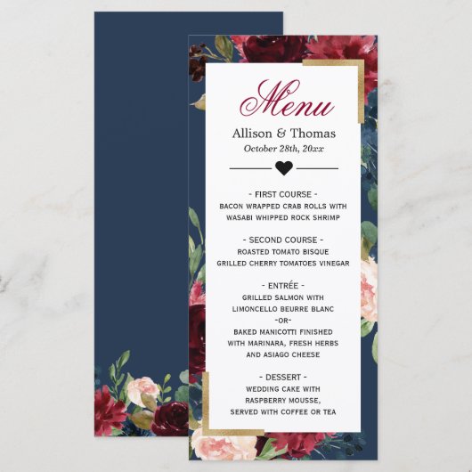 Modern  Burgundy Blue Floral Wedding Menu (Voorkant / Achterkant)