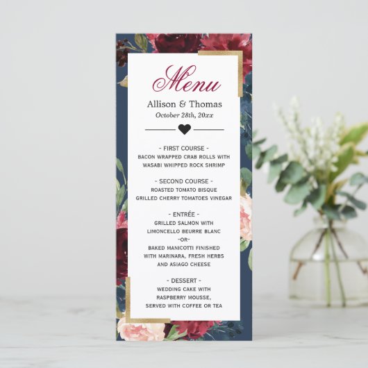 Modern  Burgundy Blue Floral Wedding Menu (Staand voorkant)