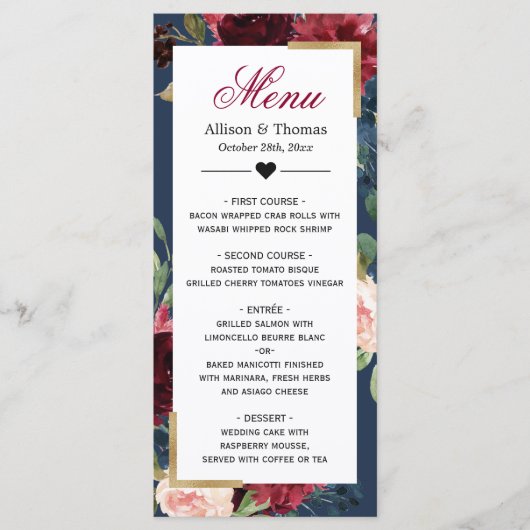 Modern  Burgundy Blue Floral Wedding Menu (Voorkant)