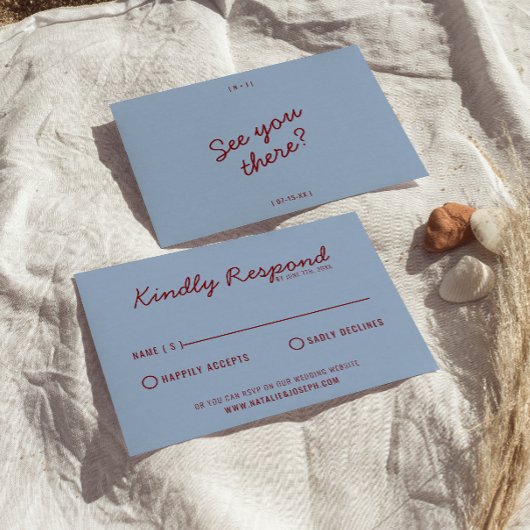 Modern Burgundy Blue Whimsical Unique Wedding RSVP Kaartje