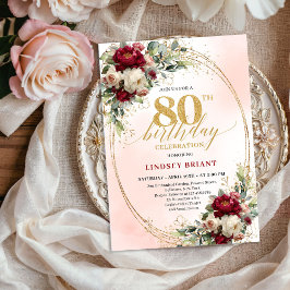 Modern Burgundy Blush Floral 80th Birthday Invite Kaart