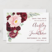 Modern Burgundy Blush Floral Greenery Foto Save The Date (Voorkant)