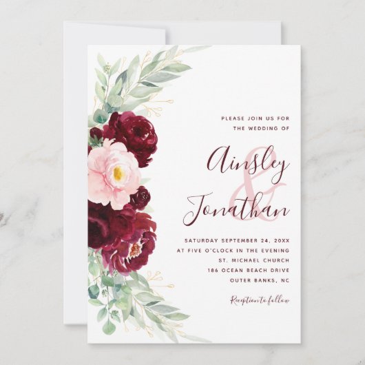 Modern Burgundy Blush Floral Greenery Wedding Kaart (Voorkant)