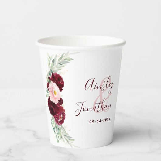 Modern Burgundy Blush Floral Greenery Wedding Papieren Bekers (Achterkant)