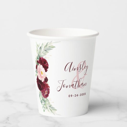 Modern Burgundy Blush Floral Greenery Wedding Papieren Bekers (Voorkant)