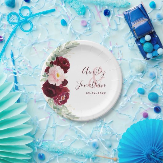 Modern Burgundy Blush Floral Greenery Wedding Papieren Bordje (Feest)