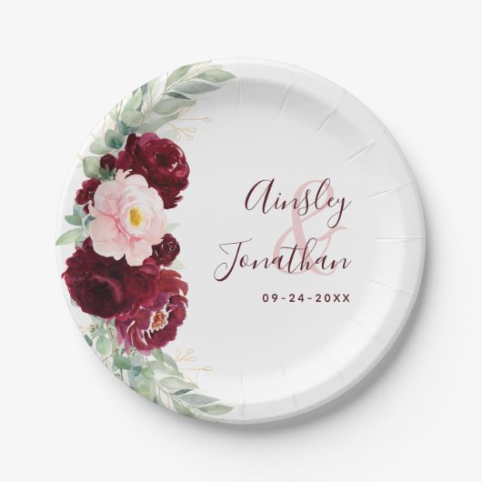 Modern Burgundy Blush Floral Greenery Wedding Papieren Bordje (Voorkant)
