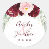 Modern Burgundy Blush Floral Greenery Wedding Ronde Sticker (Voorkant)