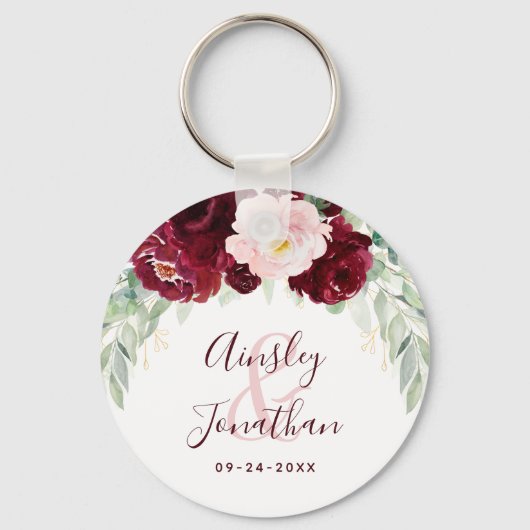 Modern Burgundy Blush Floral Greenery Wedding Sleutelhanger (Voorkant)