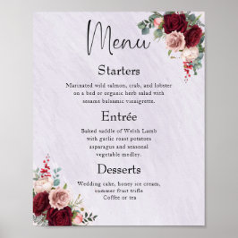 Modern Burgundy Blush Floral Wedding Menu Poster