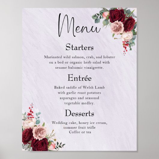 Modern Burgundy Blush Floral Wedding Menu Poster (Voorkant)