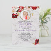 Modern Burgundy Blush Photo First Communist Kaart (Staand voorkant)