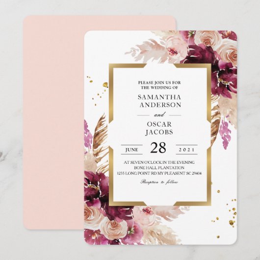 Modern Burgundy Blush Pink Floral & Gold Lijst Kaart (Voorkant / Achterkant)