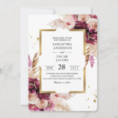 Modern Burgundy Blush Pink Floral & Gold Lijst Kaart (Voorkant)