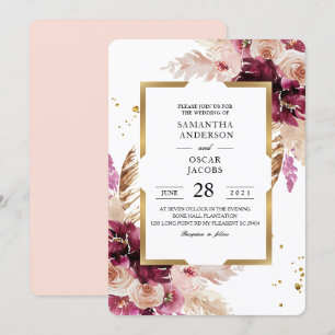Modern Burgundy Blush Pink Floral & Gold Lijst Kaart