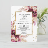 Modern Burgundy Blush Pink Floral & Gold Lijst Kaart (Staand voorkant)