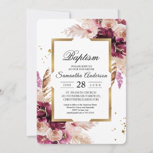 Modern Burgundy Blush Pink Floral & Gold Lijst Kaart (Voorkant)