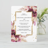 Modern Burgundy Blush Pink Floral & Gold Lijst Kaart (Staand voorkant)
