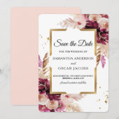 Modern Burgundy Blush Pink Floral & Gold Lijst Save The Date (Voorkant / Achterkant)
