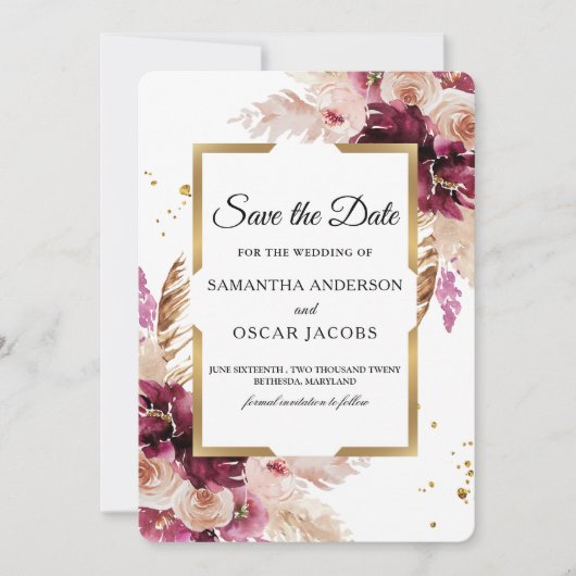 Modern Burgundy Blush Pink Floral & Gold Lijst Save The Date (Voorkant)